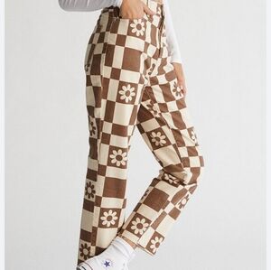 B13 PACSUN  Brown & Cream Checkered High Rise Denim Jeans  Floral Pattern Sz 23